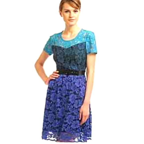 Badgley Mischka lacy blue aqua color block dress w/bead embellished belt size 12 - Picture 1 of 8